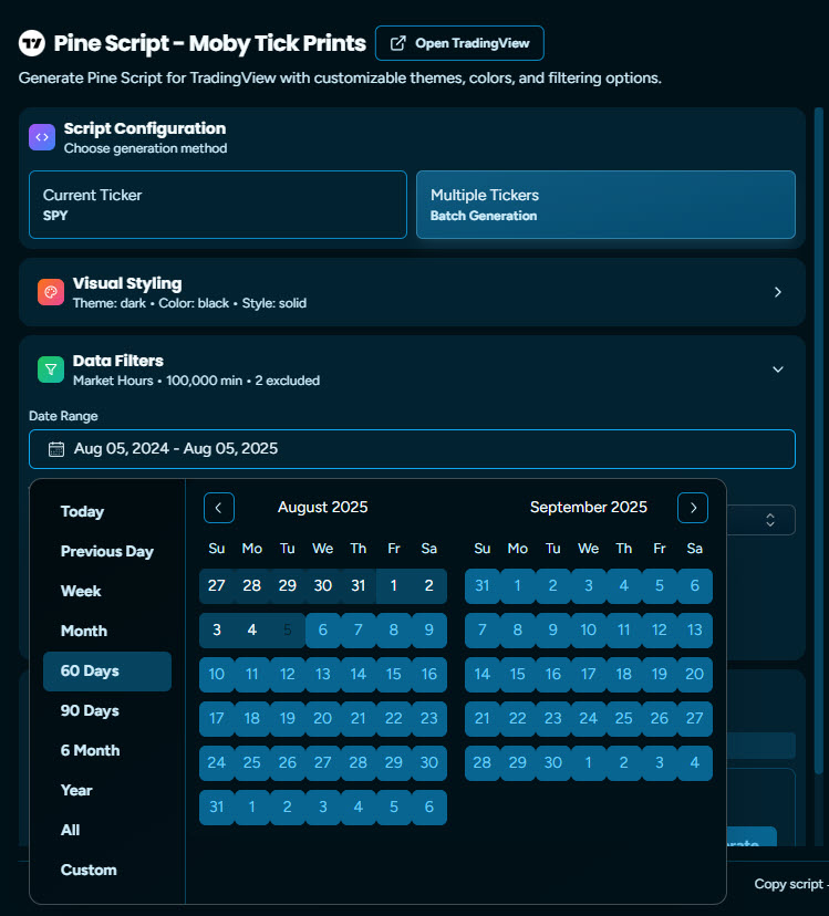 Calendar selection timeframe for block trade dates