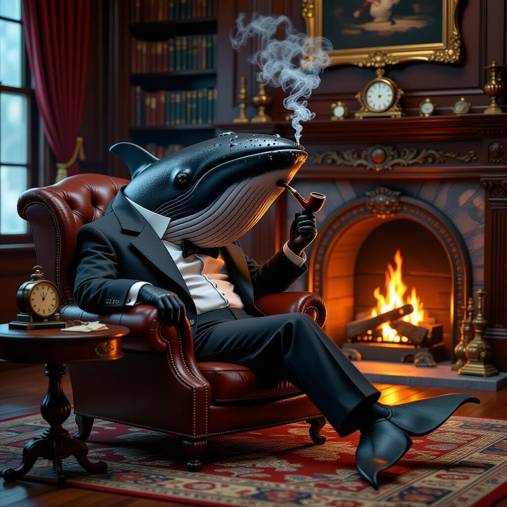 A whale in front of a fireplace telling a stock trading story