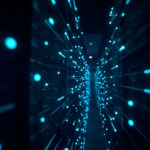 Abstract visualization of AI data center power infrastructure with glowing cyan energy grid nodes flowing through server racks on dark navy background