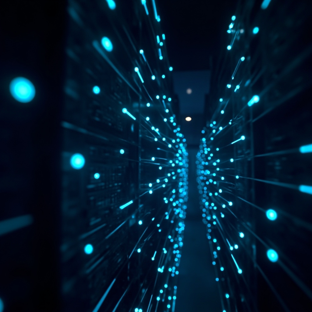 Abstract visualization of AI data center power infrastructure with glowing cyan energy grid nodes flowing through server racks on dark navy background