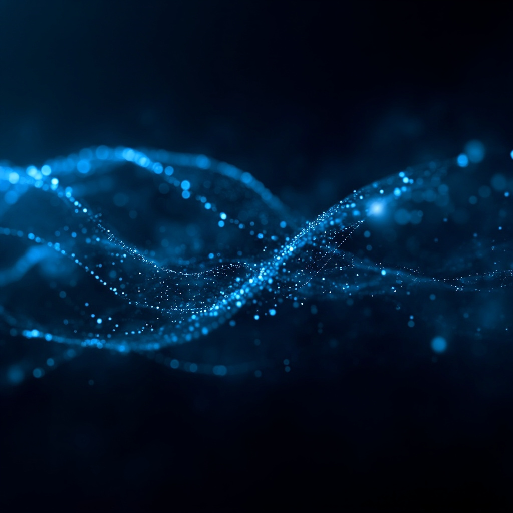 Abstract visualization of real-time financial data streaming across a dark background with cyan and electric blue pulse waves