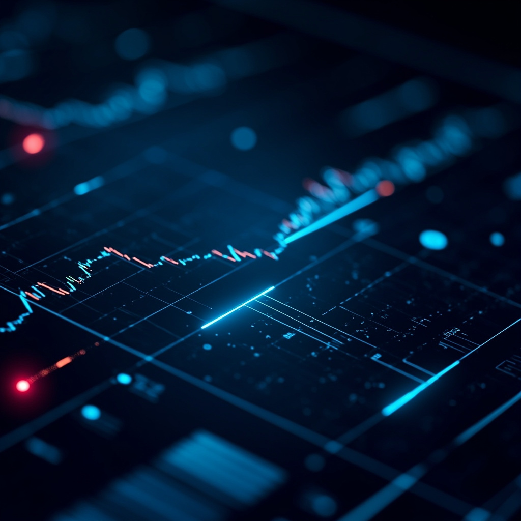 Abstract dark trading interface showing glowing data streams and candlestick patterns on a professional platform