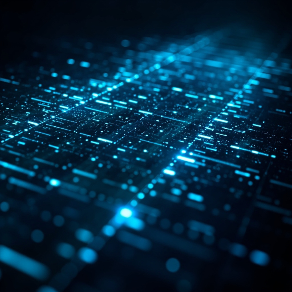 Abstract holographic data displays and market activity particle systems on dark navy background for financial education