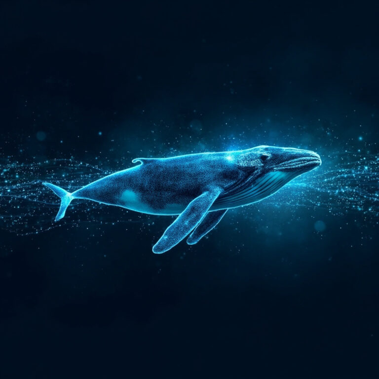 Abstract visualization of large-scale institutional capital flows showing luminous data particles on dark navy background