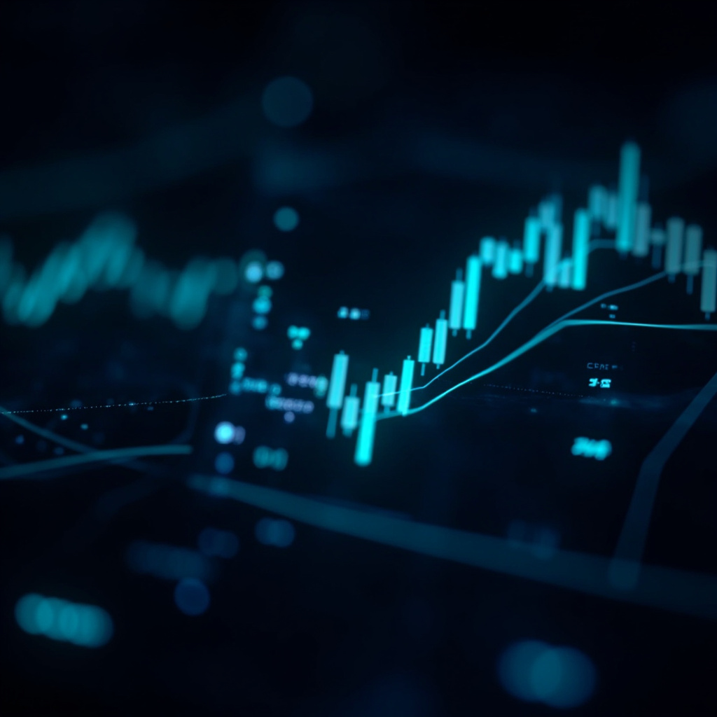 Abstract trading platform interface showing glowing candlestick charts and data panels on a sleek dark interface
