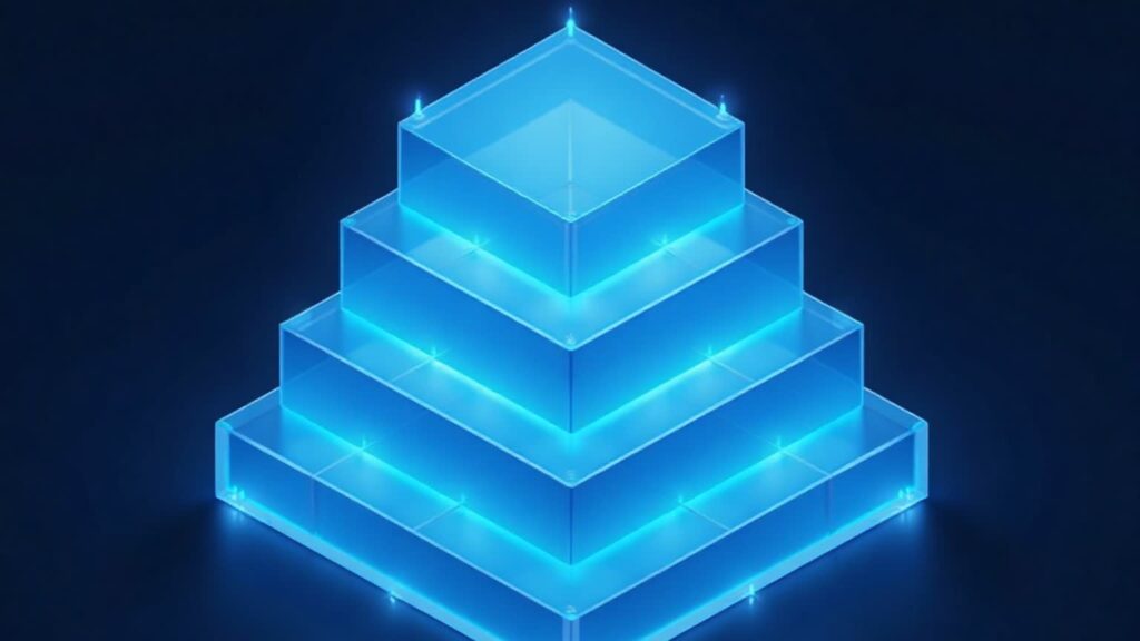 Layered infrastructure diagram of a stock exchange building resolving into blockchain blocks