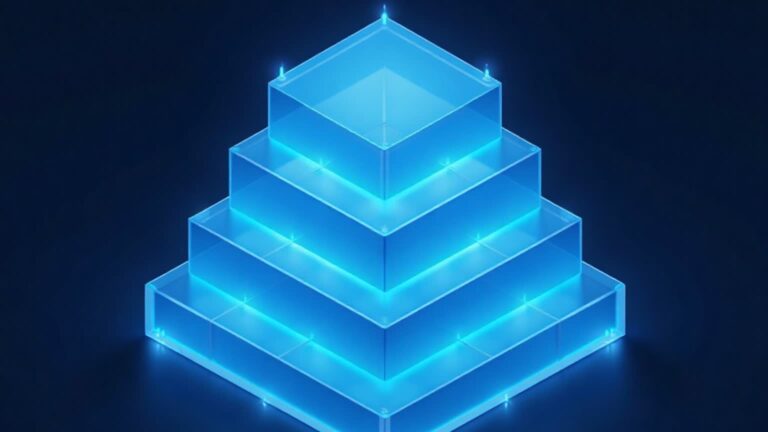Layered infrastructure diagram of a stock exchange building resolving into blockchain blocks